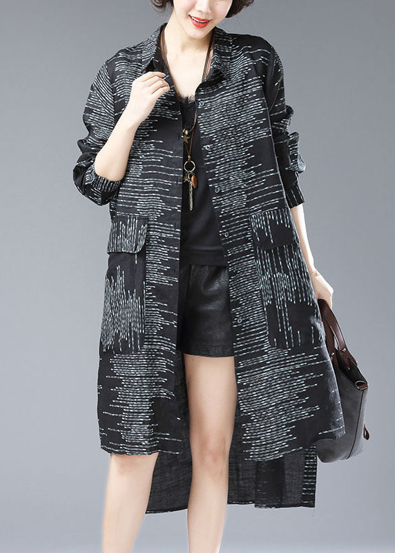 Black Peter Pan Collar Print Pockets Patchwork Cotton Long Coat Fall