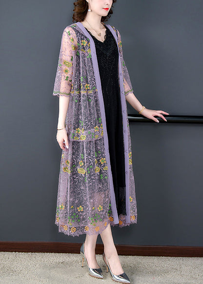 Purple Embroidered Tulle Upf 50+ Hooded Cardigan Spring