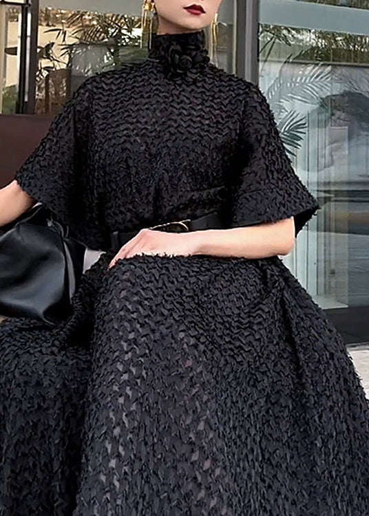 Black Hign Neck Tie Waist Cotton Dresses Fall