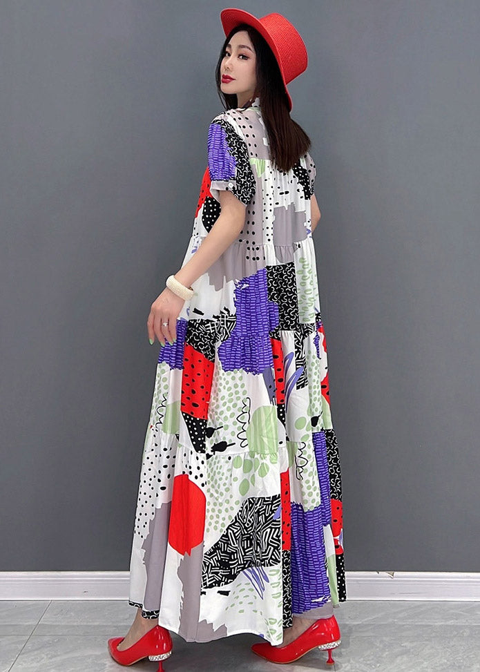 Natural Red O-neck Print Chiffon Ankle Dress Short Sleeve