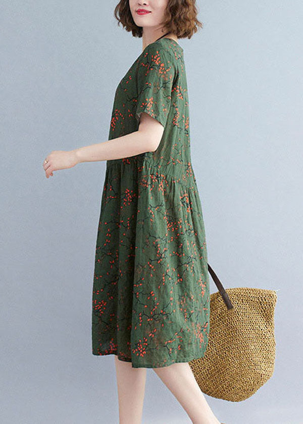 Classy Blackish Green O-neck Wrinkled Print Cotton Maxi Dresses Short Sleeve