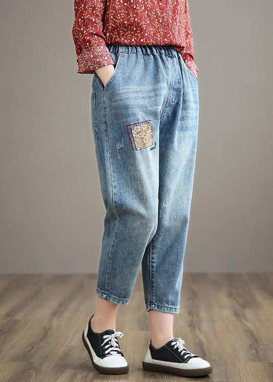 French Denim Blue High Waist Clothing Spring Elastic Waist Patchwork Trousers
