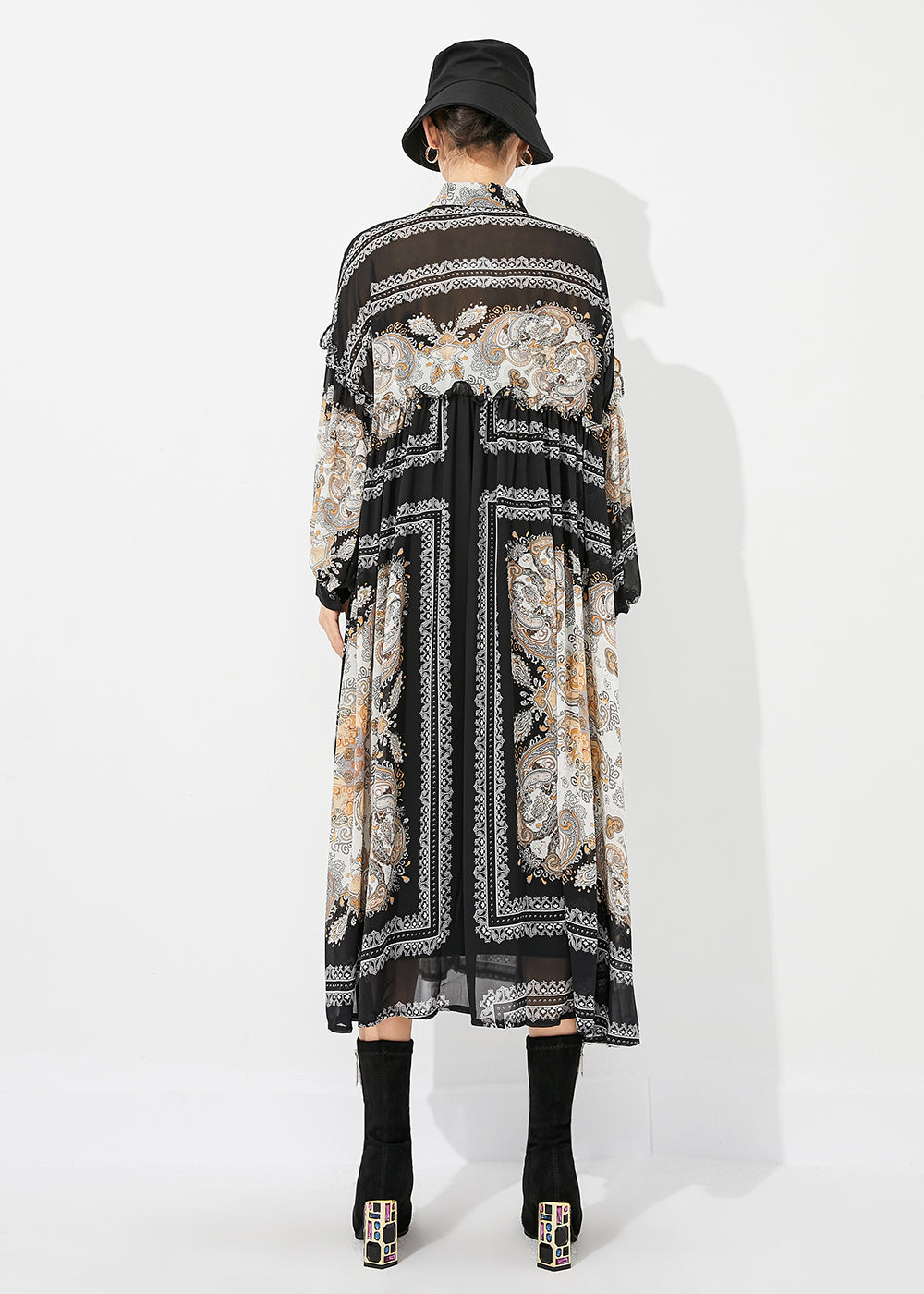 Black Print Oversized Wrinkled Chiffon Long Dresses Spring