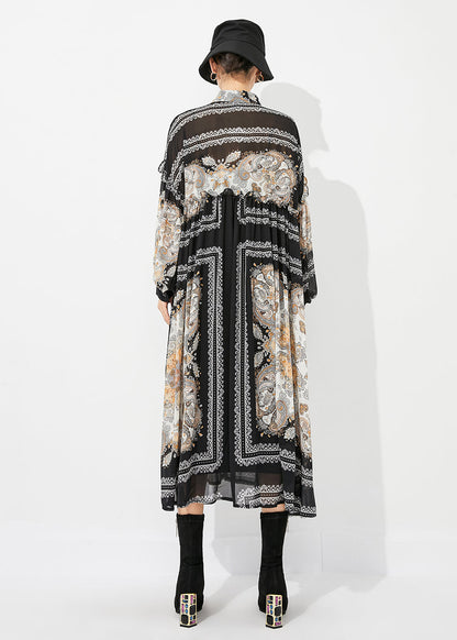 Black Print Oversized Wrinkled Chiffon Long Dresses Spring