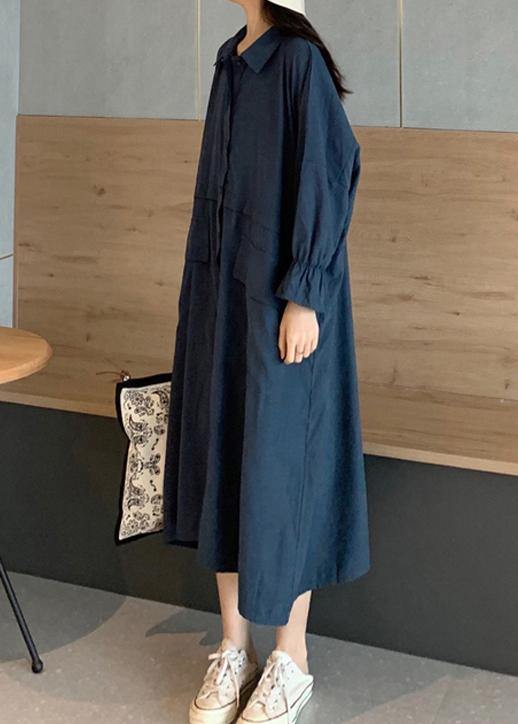 Handmade Lapel Pockets Spring Outfit Wardrobes Blue Dress