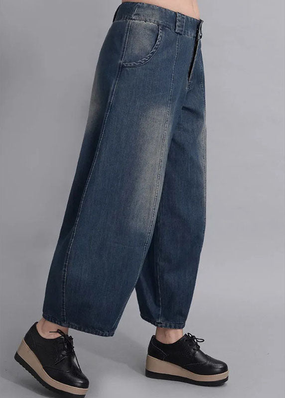 French Navy Button Pockets Lantern Fall Denim Pants