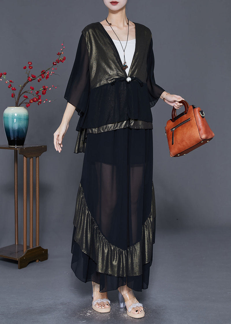Colorblock Chinese Button Patchwork Ruffles Chiffon Two Pieces Set Fall
