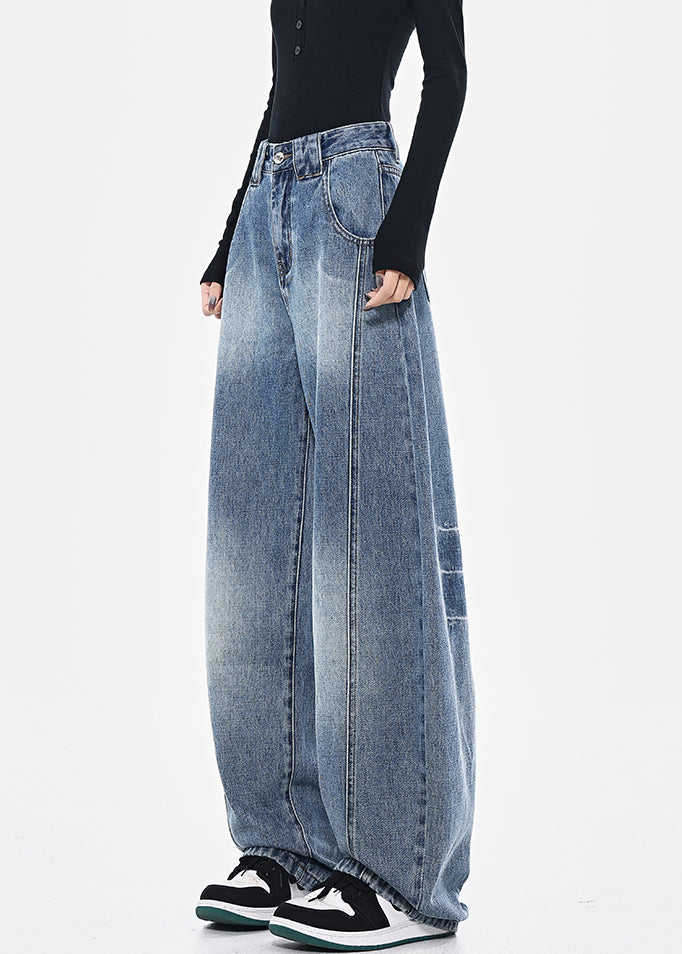 Blue Pockets Patchwork High Waist Denim Pants Spring