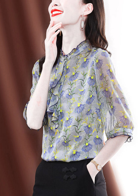 O-neck Ruffled Print Silk Shirts Half Sleeve