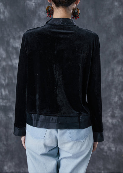 Art Black Embroideried Patchwork Silk Velour Jacket Fall