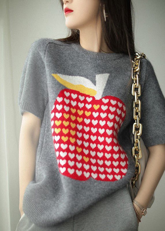 Jacquard Grey O-neck Knit Pullover Short Sleeve
