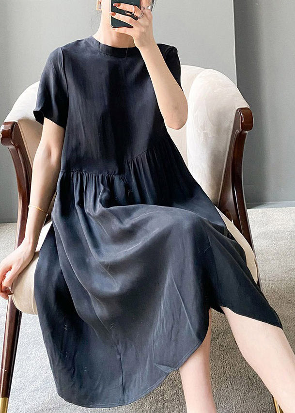 Brief Beige O-neck Patchwork Linen Dress Short Sleeve