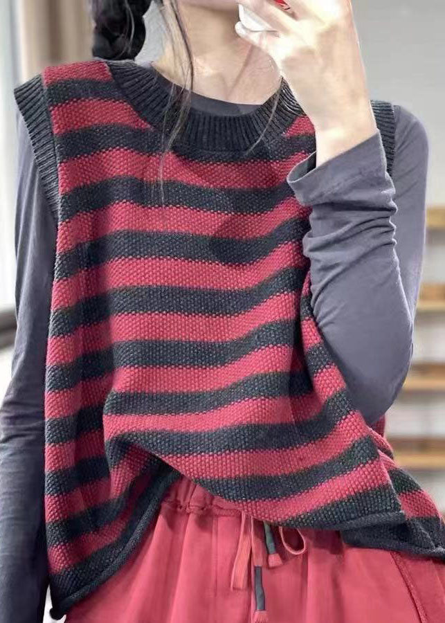 Unique Red O-neck Striped Knit Vest Spring