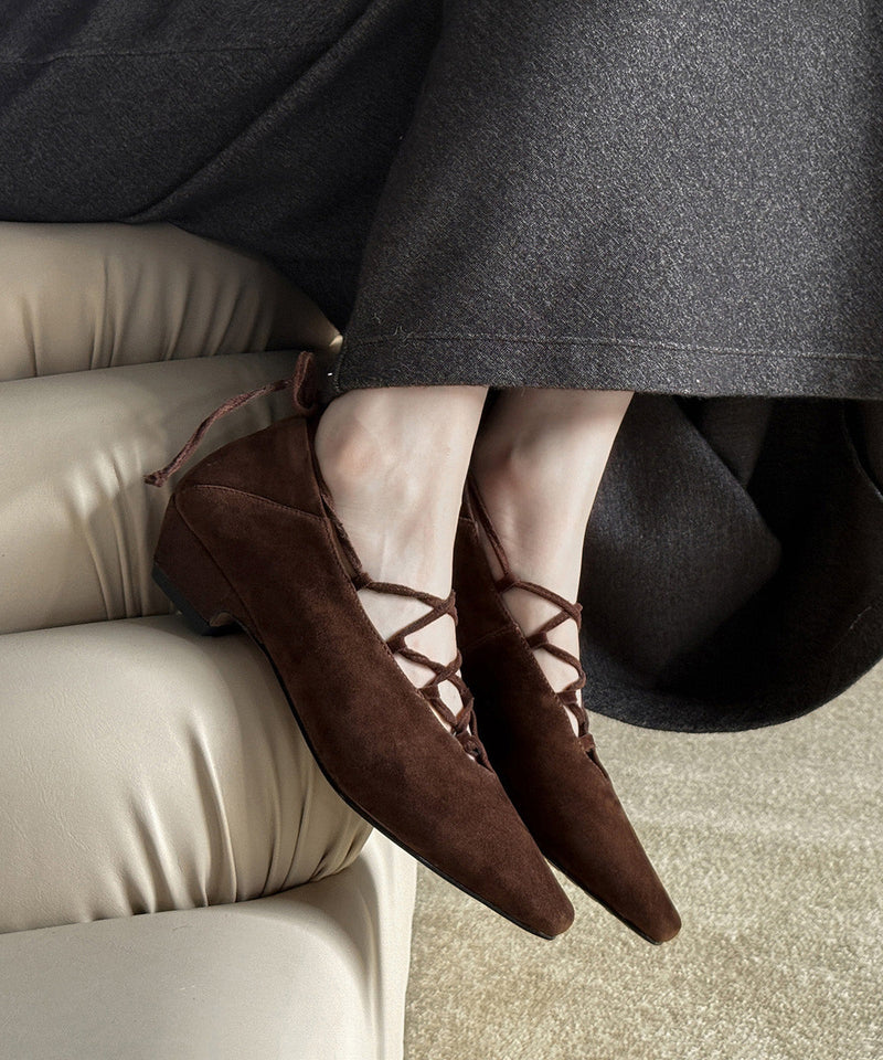 Brown Suede Cross Strap Splicing French Chunky Shoes