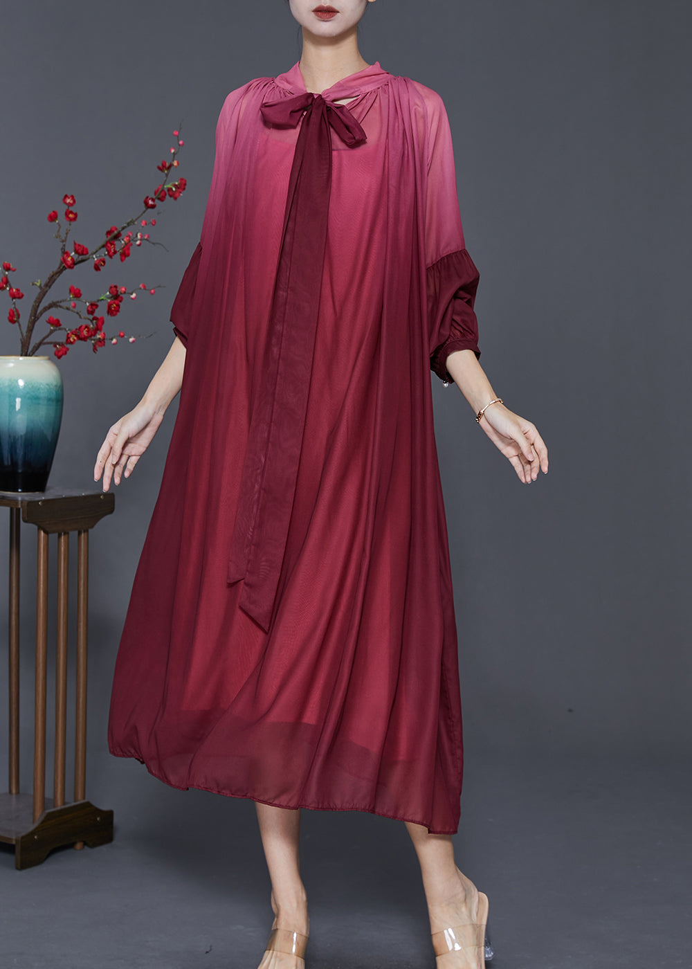 Mulberry Bow Collar Tie Dye Silk Party Dress Spring