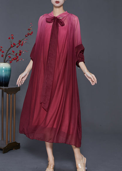 Mulberry Bow Collar Tie Dye Silk Party Dress Spring