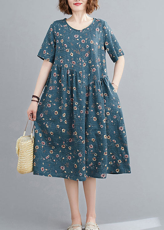 Lake Blue Wrinkled Print Cotton a Line Dresses Short Sleeve