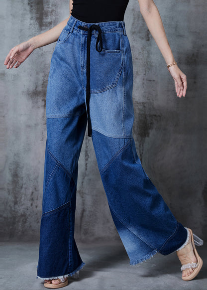 Blue Asymmetrical Patchwork Denim Pants Spring