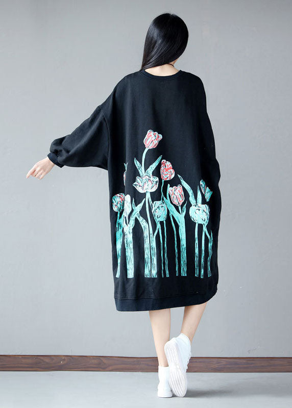 Black O-neck Oversized Print Cotton Sweatshirt Dress Spring