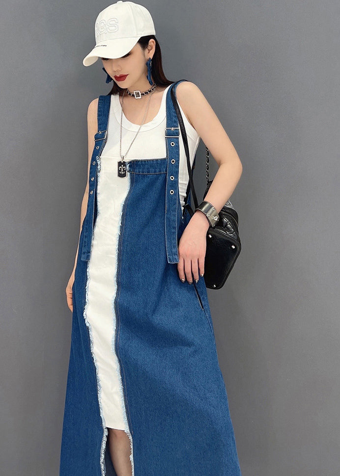 Denim Blue Asymmetrical Design Patchwork Cotton Fake Two Piece Strap Dress Summer