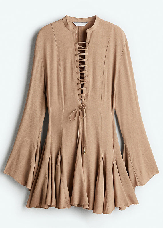 Khaki Lace Up Cotton Mini Dress Flare Sleeve