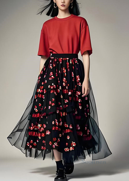 Fine O Neck Cotton Tops and Chiffon Skirts Two Pieces Set Summer