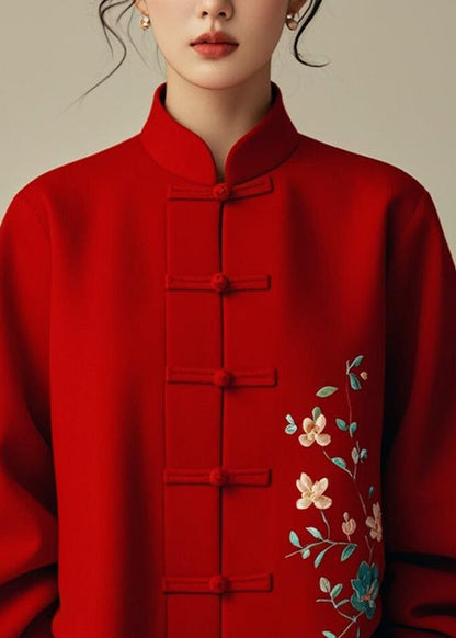 Red Stand Collar Print Cotton Coats Spring