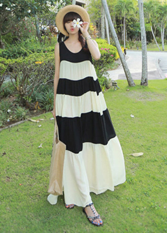 Black White Patchwork O-neck Tie Waist Chiffon Long Dress Sleeveless