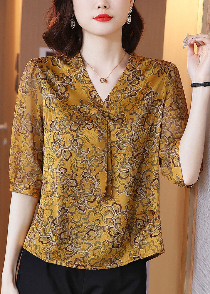 Yellow V Neck Ribbon Print Chiffon Shirt Half Sleeve