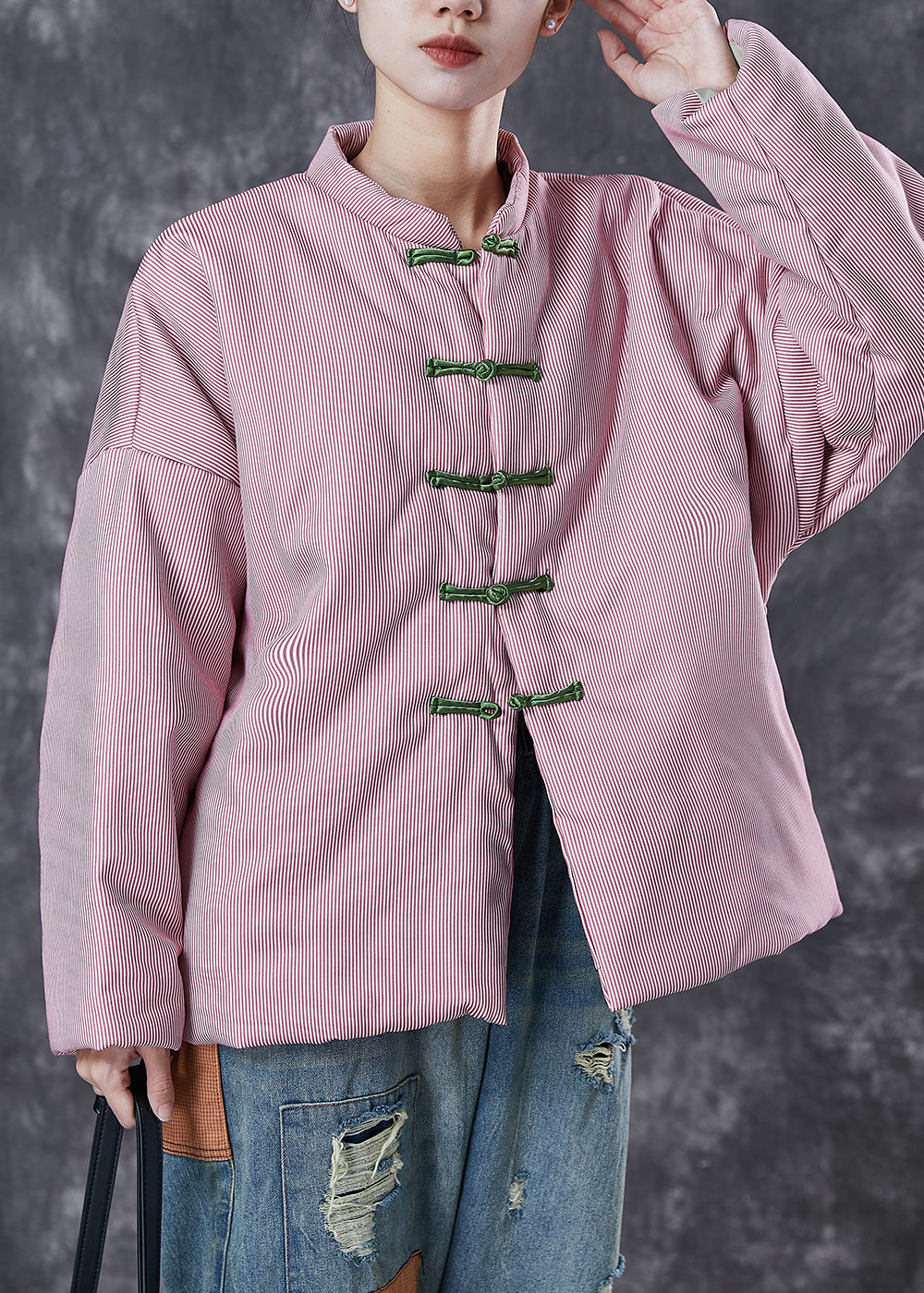 Pink Oversized Striped Fine Cotton Filled Coat Winter