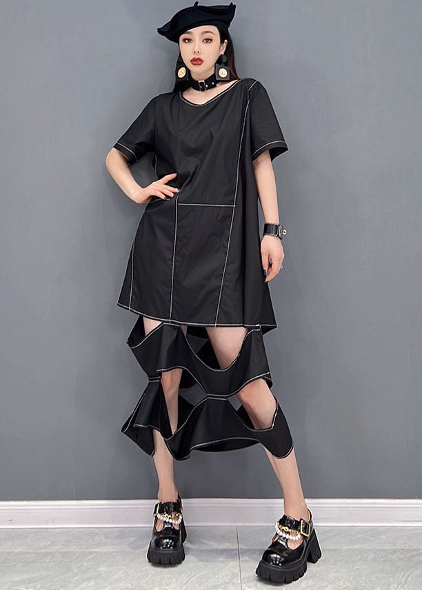 Black O-neck Ripped Patchwork Long Dress Short Sleeve