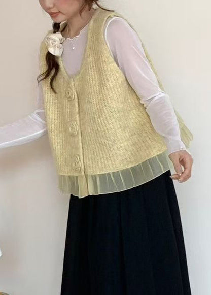 Art Yellow V Neck Knit Vest Tops Spring