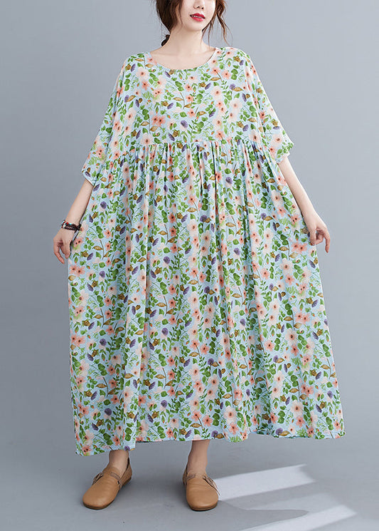 Loose Green O-neck Wrinkled Print Long Dress Short Sleeve