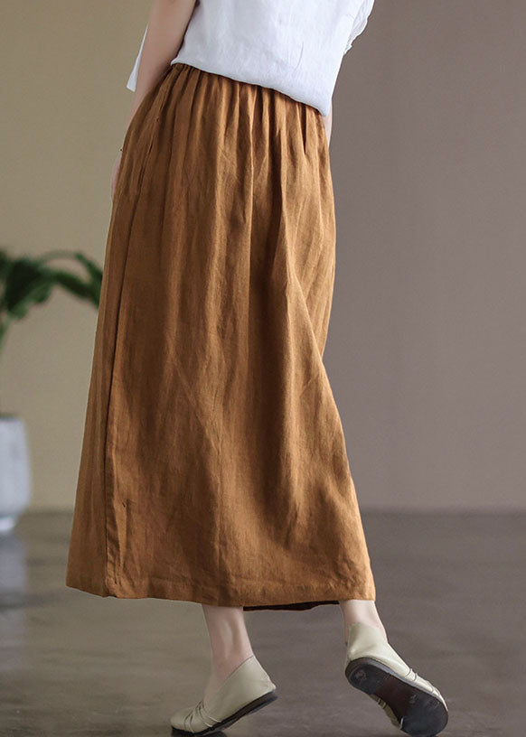 Brown Elastic Waist Side Open Linen Skirt Summer