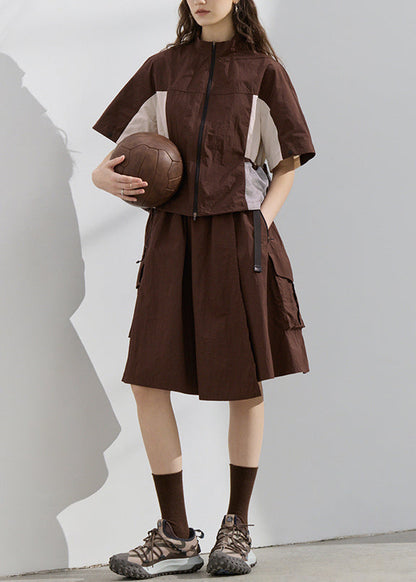 Zip Up Patchwork Tops and Skirts Cotton Two Pieces Set Summer