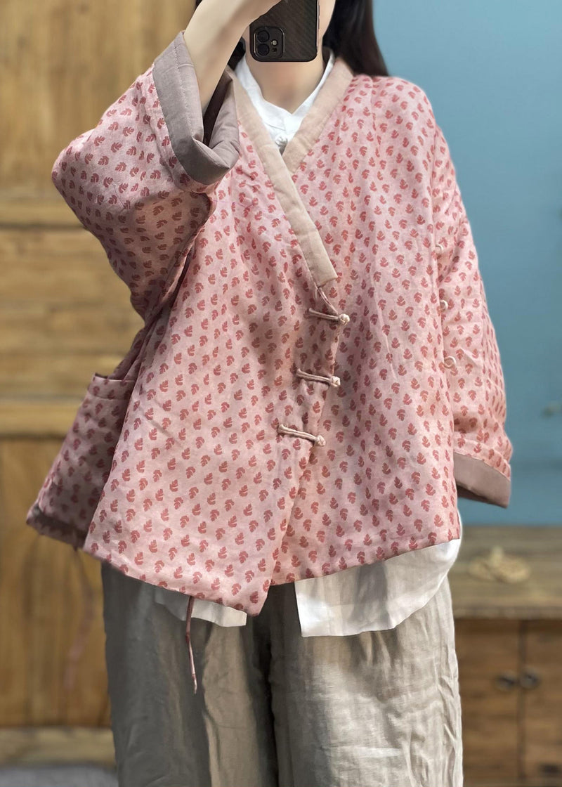 Pink Print Button Pockets Cotton Filled Coat Winter