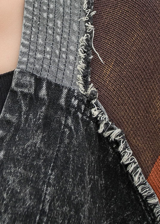 Denim V Neck Knit Patchwork Asymmetrical Design Fall Long Sleeve Coat
