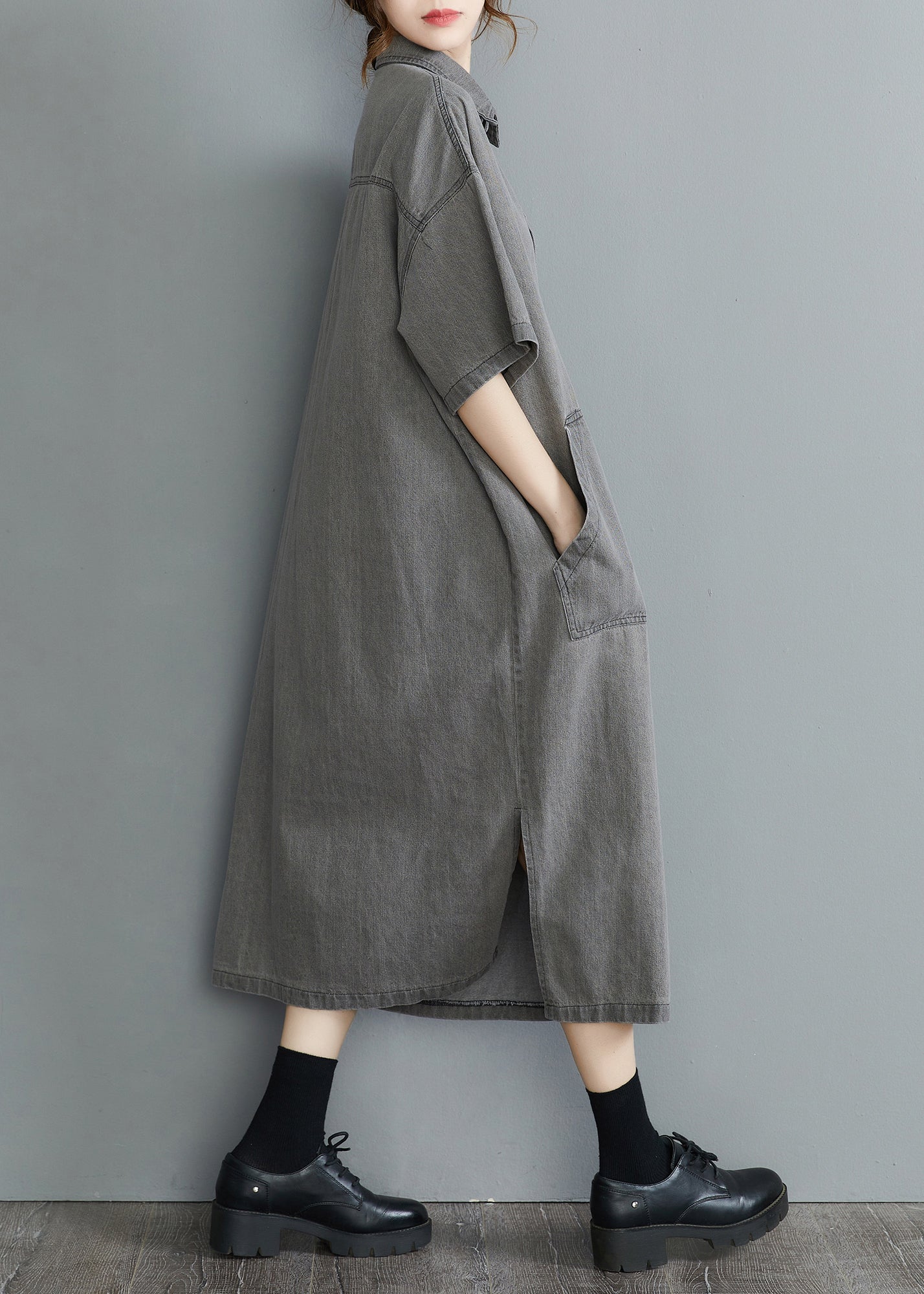 Loose Grey Peter Pan Collar Button Side Open Pockets Denim Dresses Short Sleeve