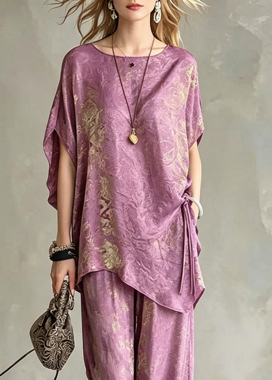 Light Purple Asymmetrical Tie Waist Silk T Shirts and Wide Leg Pants Two Pieces Set Short Sleeve