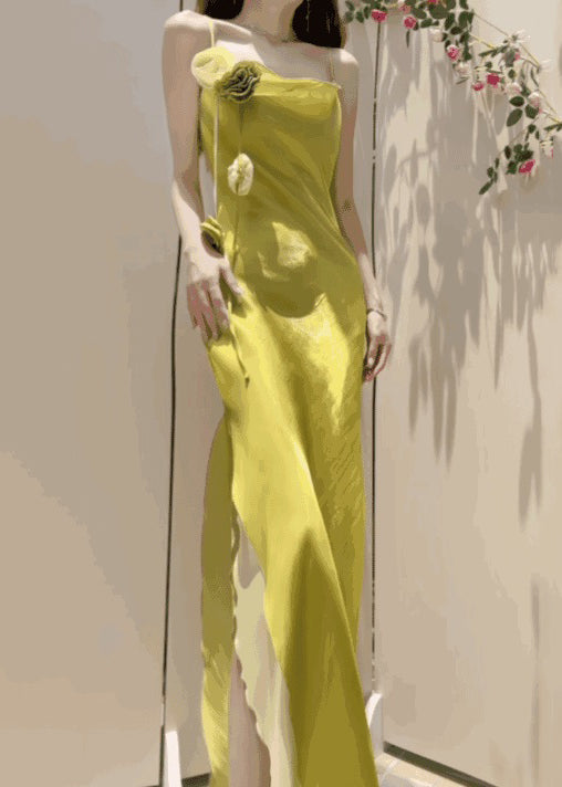 New Yellow Side Open Silk Spaghetti Strap Dress Sleeveless