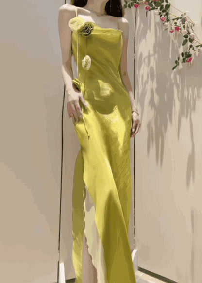 New Yellow Side Open Silk Spaghetti Strap Dress Sleeveless