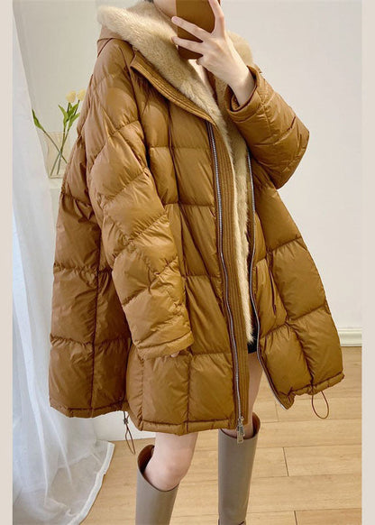 Simple Yellow Hooded Mink Hair Patchwork Duck Down Winter Down Coat