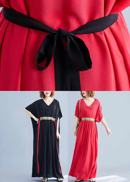 Classy Red V Neck Bow Summer Long Dresses Half Sleeve
