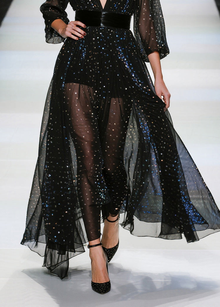 Black Sequins Tunic Tulle Sheer Dresses Summer