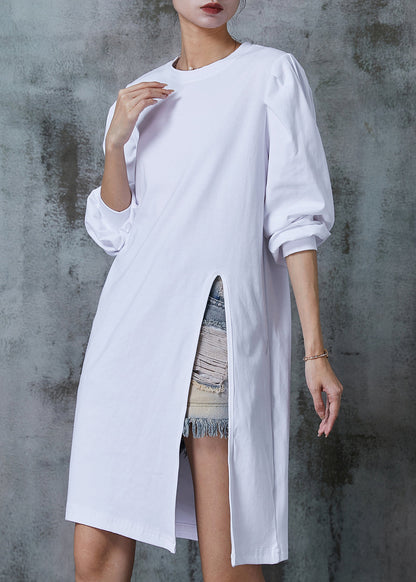 White Puff Sleeve Side Open Cotton Dress Spring