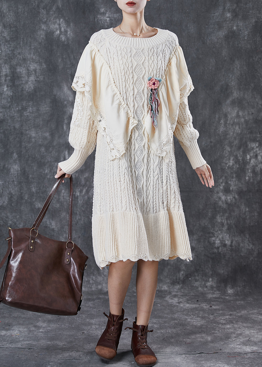 French Apricot Ruffleds Patchwork Knit Sweater Dress Winter