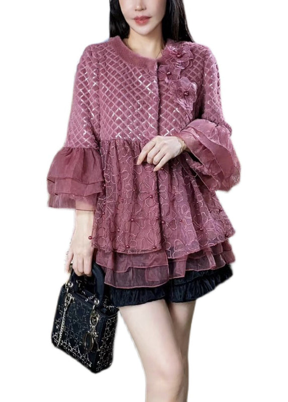 Purple Ruffled Tulle Patchwork Mink Velvet Coats Winter