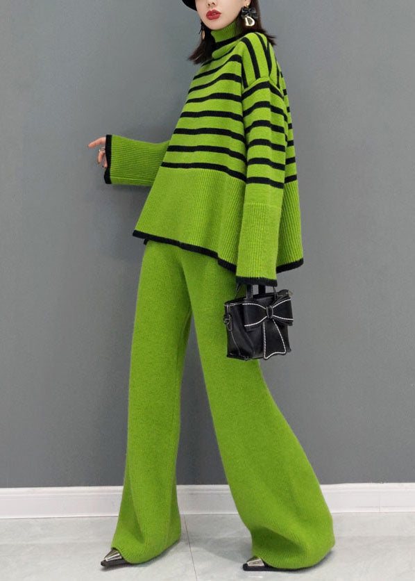 Organic Green Turtle Neck Striped Wide Leg Pants Knit Two Pieces Set Spring
