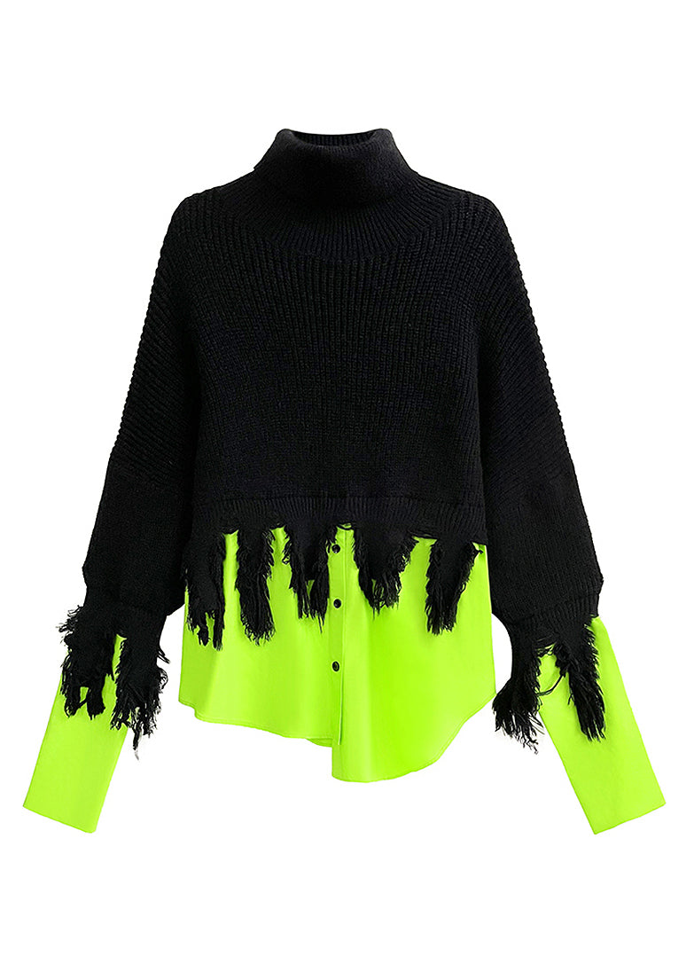 Black Green Hign Neck Asymmetrical Patchwork Knit Sweaters Fall