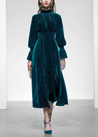 Peacock Blue Hign Neck Velour Maxi Dresses Lantern Sleeve